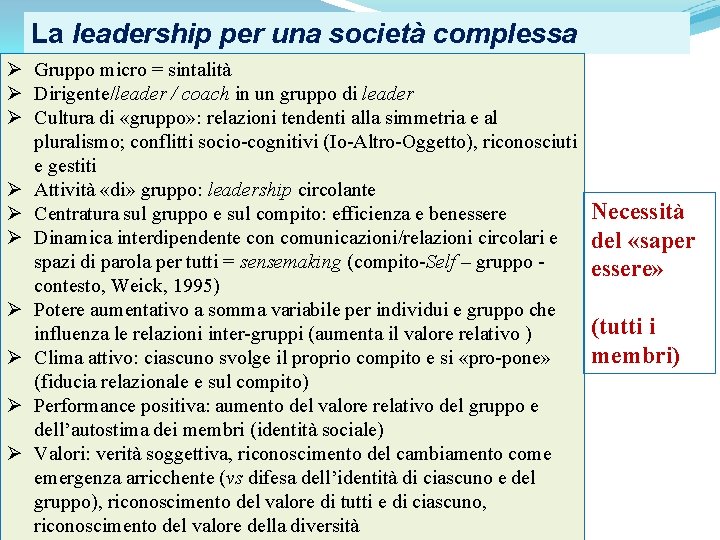 La leadership per una società complessa Ø Gruppo micro = sintalità Ø Dirigente/leader /