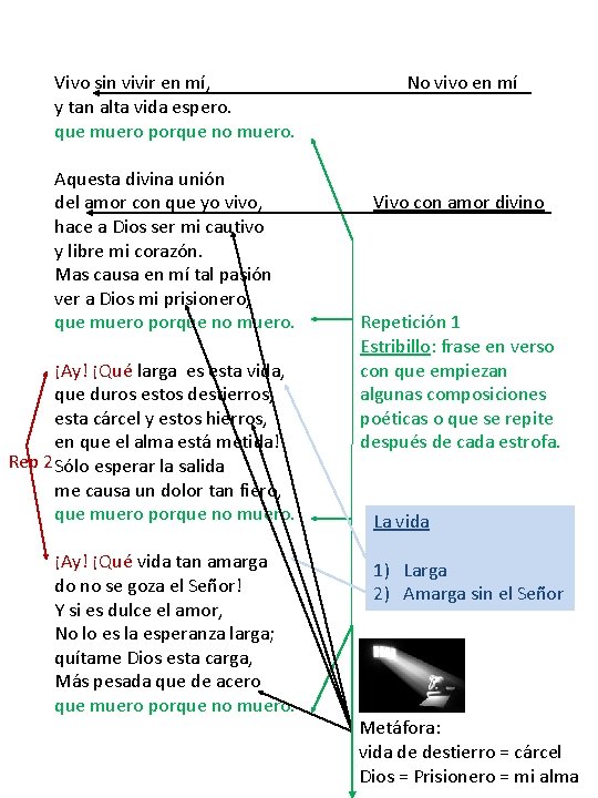 Vivo sin vivir en mí, y tan alta vida espero. que muero porque no