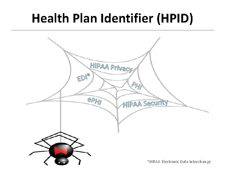 Health Plan Identifier (HPID) HIPAA Privac y EDI* PHI e. PH I HIPAA Security