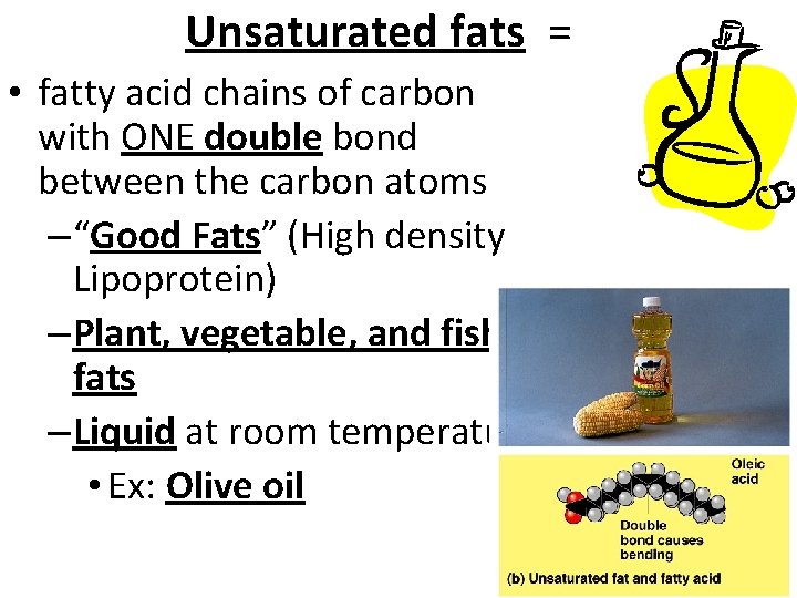 Unsaturated fats = • fatty acid chains of carbon with ONE double bond between