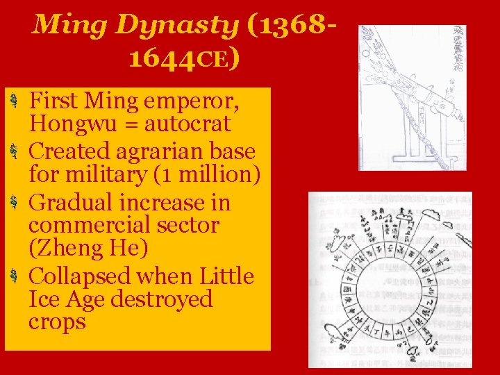 Ming Dynasty (13681644 CE) First Ming emperor, Hongwu = autocrat Created agrarian base for