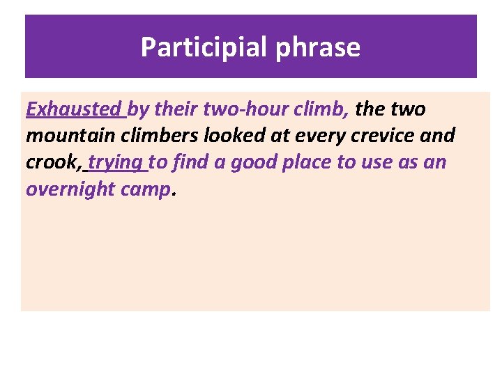 Participial phrase • Consists by of atheir participle… Exhausted two-hour climb, the two mountain