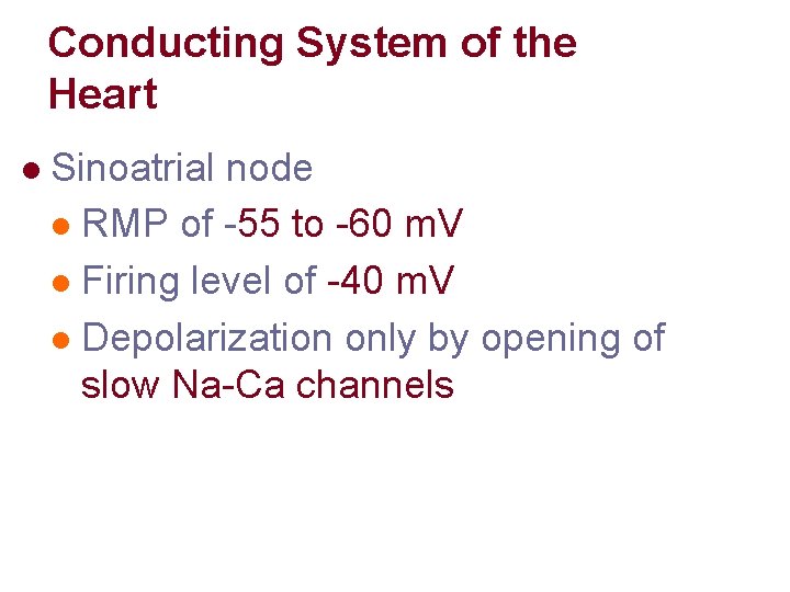 Conducting System of the Heart l Sinoatrial node l RMP of -55 to -60 Conducting System of the Heart l Sinoatrial node l RMP of -55 to -60