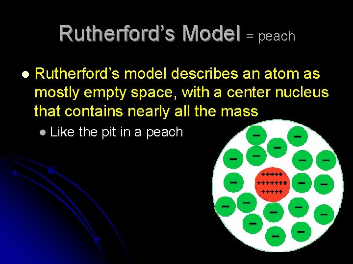 Rutherford’s Model = peach l Rutherford’s model describes an atom as mostly empty space,