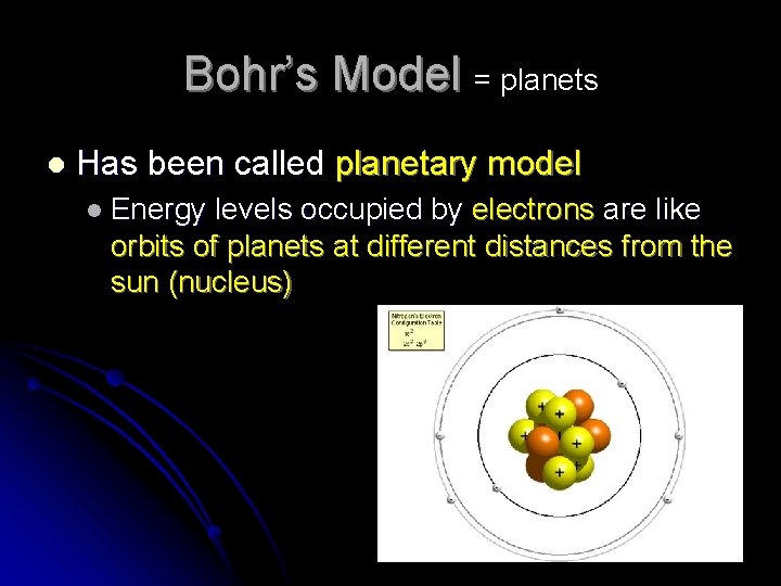 Bohr’s Model = planets l Has been called planetary model l Energy levels occupied