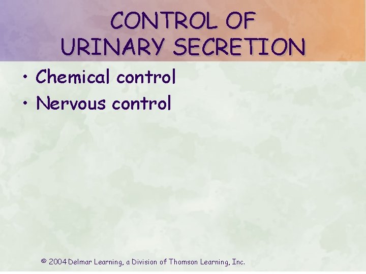 CONTROL OF URINARY SECRETION • Chemical control • Nervous control © 2004 Delmar Learning,