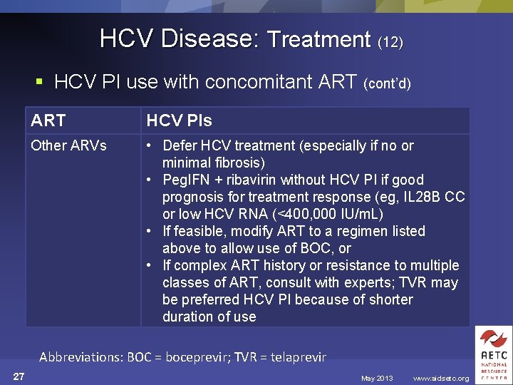 HCV Disease: Treatment (12) § HCV PI use with concomitant ART (cont’d) ART HCV