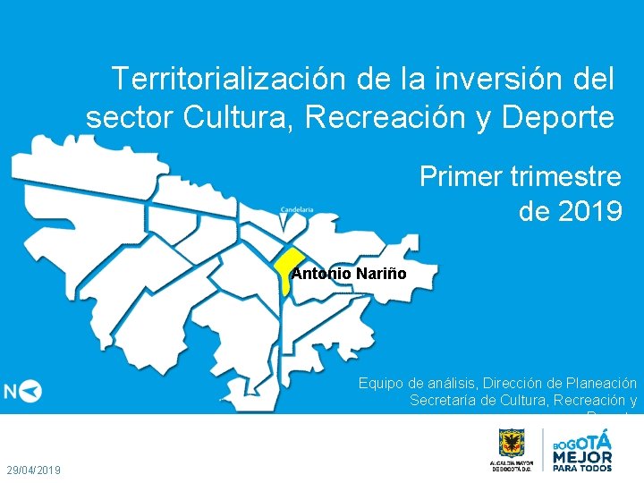 Territorialización de la inversión del sector Cultura, Recreación y Deporte Primer trimestre de 2019