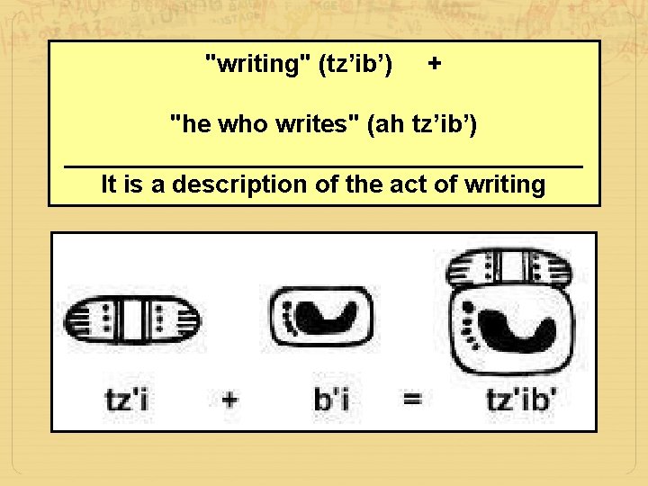 "writing" (tz’ib’) + "he who writes" (ah tz’ib’) ___________________ It is a description of