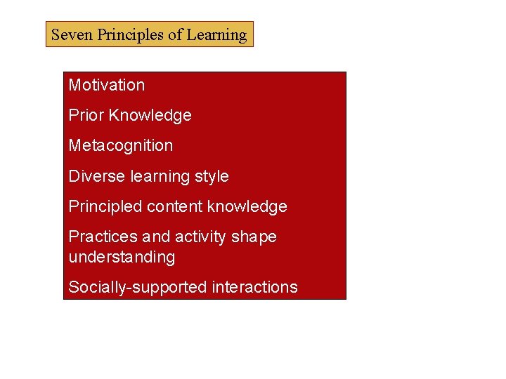 Seven Principles of Learning Motivation Prior Knowledge Metacognition Diverse learning style Principled content knowledge Seven Principles of Learning Motivation Prior Knowledge Metacognition Diverse learning style Principled content knowledge