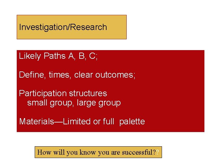 Investigation/Research Likely Paths A, B, C; Define, times, clear outcomes; Participation structures small group, Investigation/Research Likely Paths A, B, C; Define, times, clear outcomes; Participation structures small group,