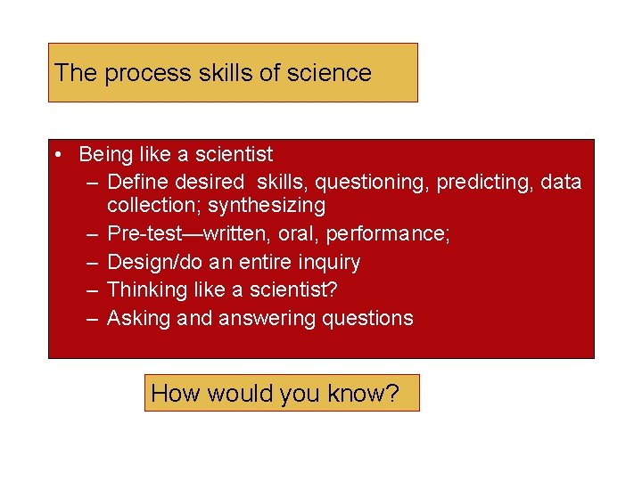 The process skills of science • Being like a scientist – Define desired skills, The process skills of science • Being like a scientist – Define desired skills,