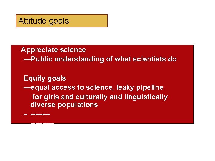 Attitude goals Appreciate science —Public understanding of what scientists do Equity goals —equal access Attitude goals Appreciate science —Public understanding of what scientists do Equity goals —equal access