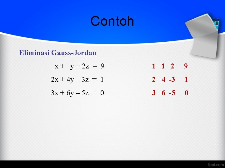 Contoh Eliminasi Gauss-Jordan x + y + 2 z = 9 1 1 2