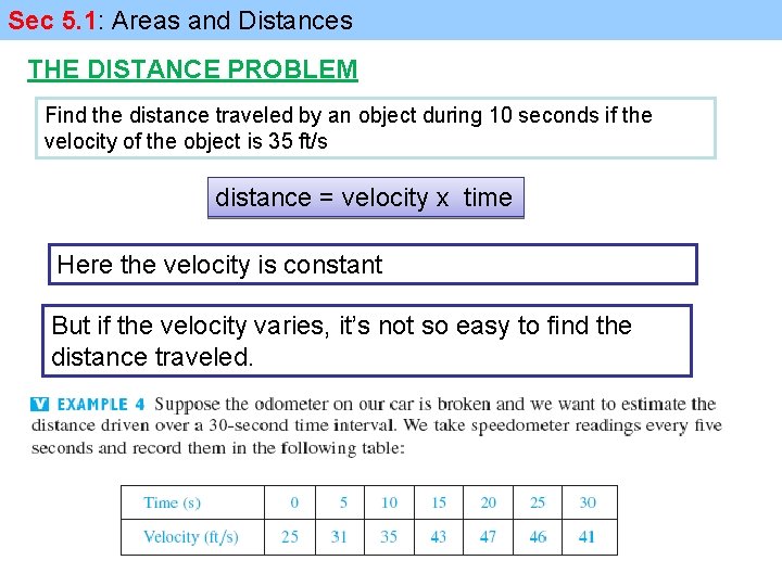 Sec 5. 1: Areas and Distances THE DISTANCE PROBLEM Find the distance traveled by