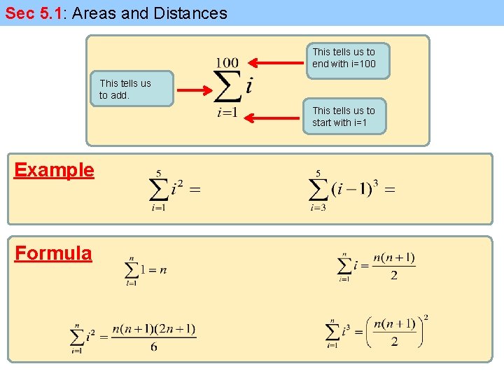 Sec 5. 1: Areas and Distances This tells us to end with i=100 This