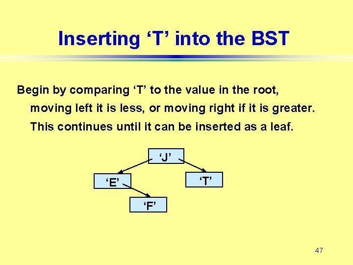 Inserting ‘T’ into the BST Begin by comparing ‘T’ to the value in the