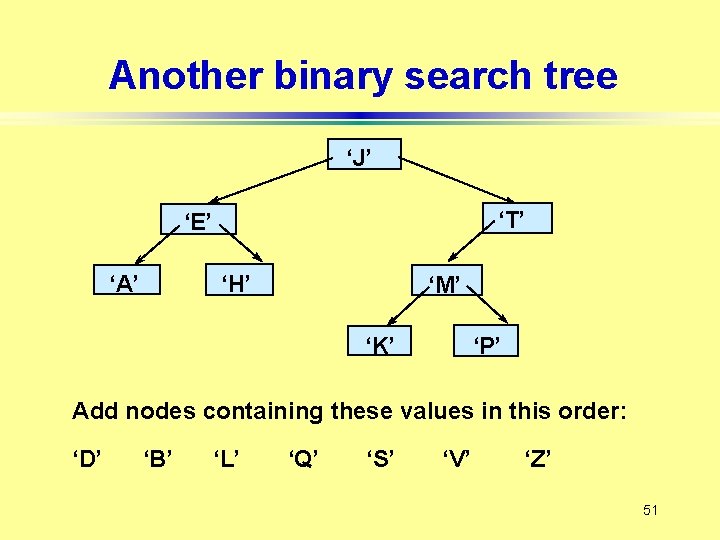 Another binary search tree ‘J’ ‘T’ ‘E’ ‘A’ ‘H’ ‘M’ ‘P’ ‘K’ Add nodes