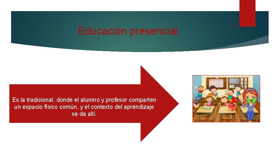 Educación presencial Es la tradicional, donde el alumno y profesor comparten un espacio físico