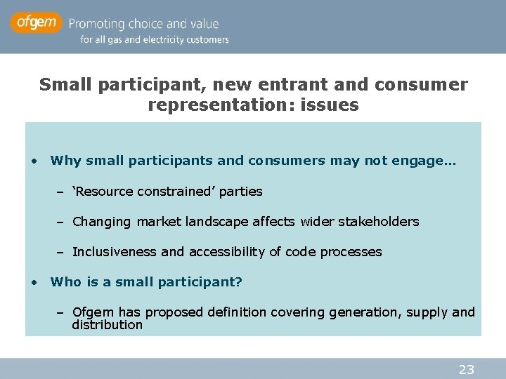 Small participant, new entrant and consumer representation: issues • Why small participants and consumers Small participant, new entrant and consumer representation: issues • Why small participants and consumers