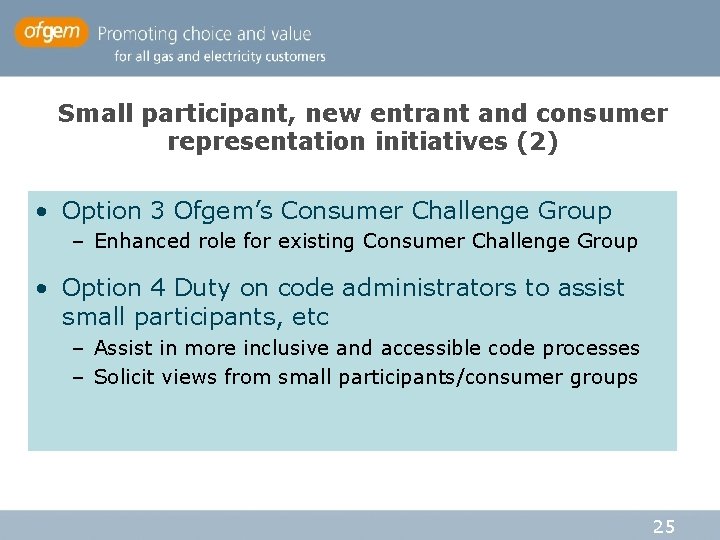 Small participant, new entrant and consumer representation initiatives (2) • Option 3 Ofgem’s Consumer Small participant, new entrant and consumer representation initiatives (2) • Option 3 Ofgem’s Consumer
