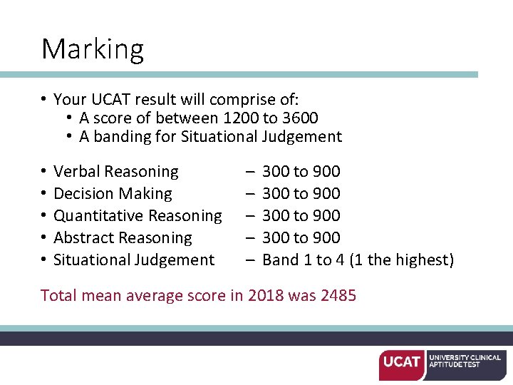 Marking • Your UCAT result will comprise of: • A score of between 1200