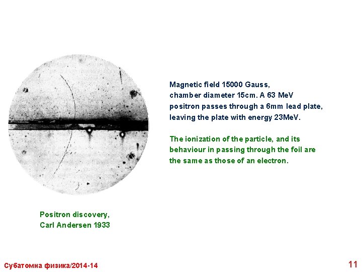 Magnetic field 15000 Gauss, chamber diameter 15 cm. A 63 Me. V positron passes