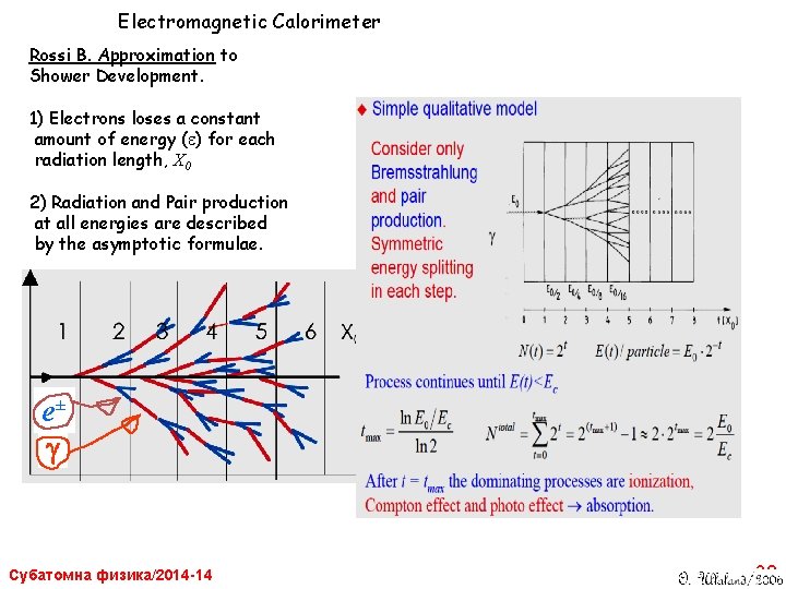 Electromagnetic Calorimeter Rossi B. Approximation to Shower Development. 1) Electrons loses a constant amount