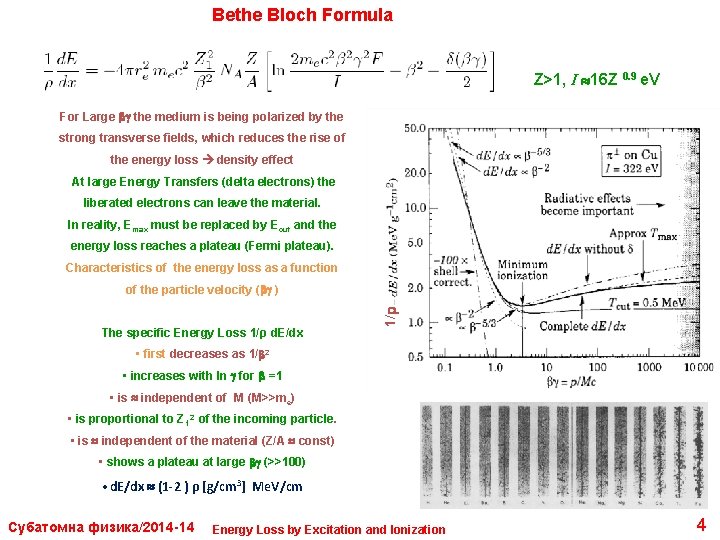 Bethe Bloch Formula Z>1, I 16 Z 0. 9 e. V For Large the