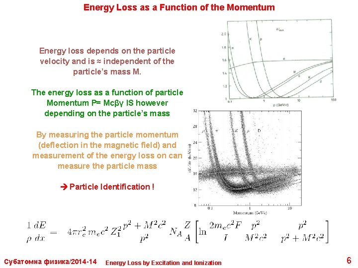 Energy Loss as a Function of the Momentum Energy loss depends on the particle