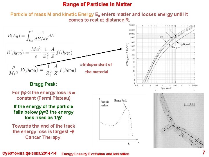 Range of Particles in Matter Particle of mass M and kinetic Energy E 0