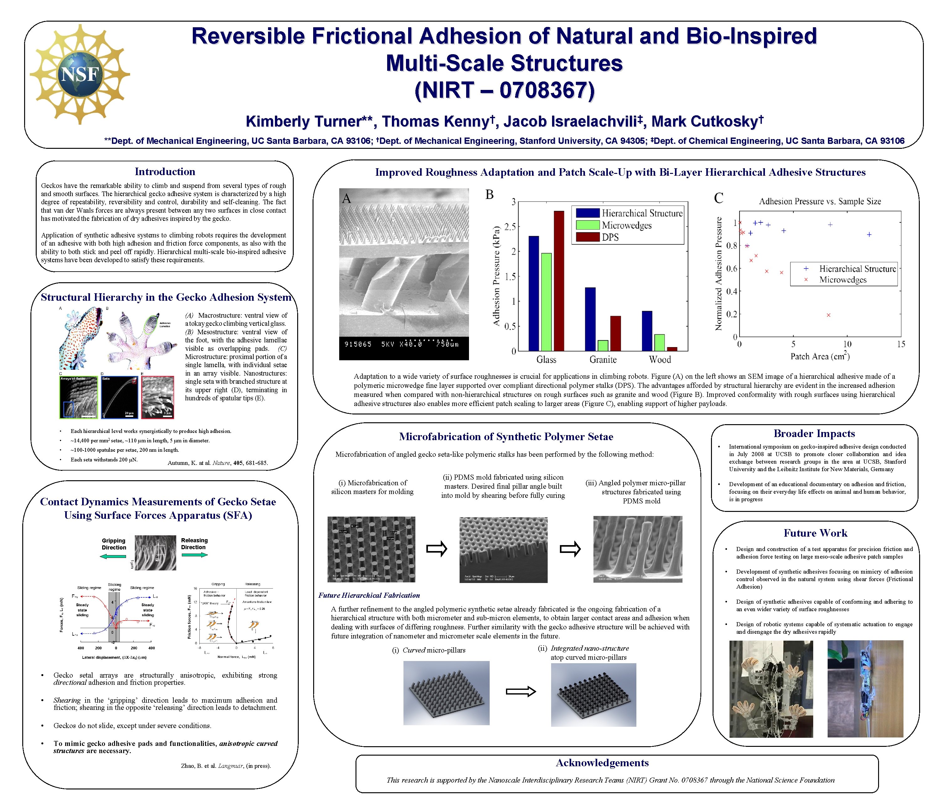 Reversible Frictional Adhesion of Natural and Bio-Inspired Multi-Scale Structures (NIRT – 0708367) Kimberly Turner**,