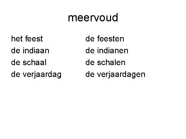 meervoud het feest de indiaan de schaal de verjaardag de feesten de indianen de