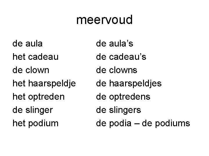 meervoud de aula het cadeau de clown het haarspeldje het optreden de slinger het