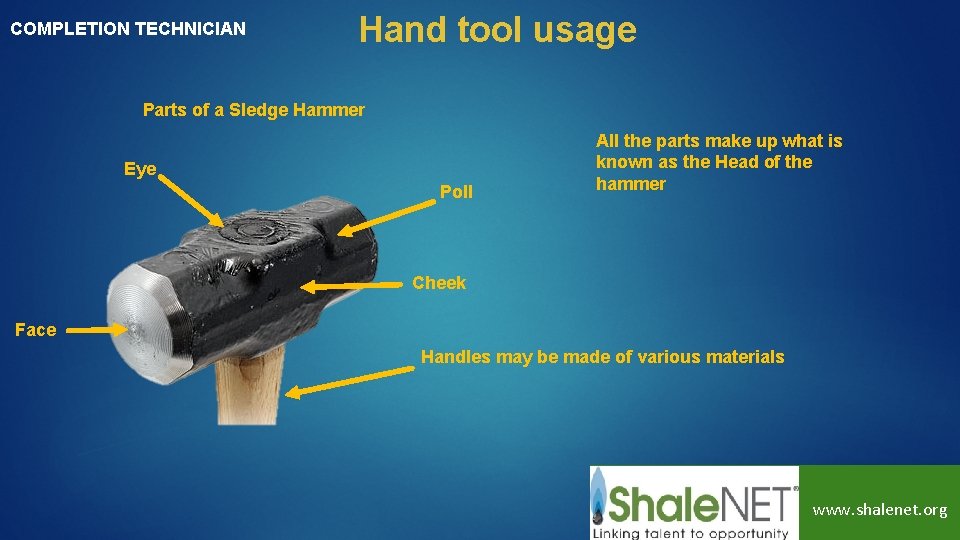 COMPLETION TECHNICIAN Hand tool usage Parts of a Sledge Hammer Eye Poll All the