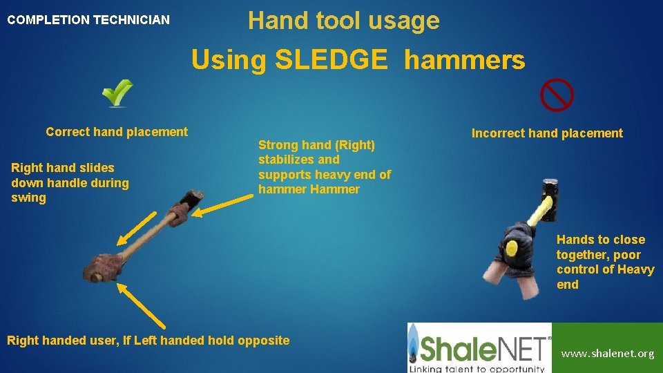 COMPLETION TECHNICIAN Hand tool usage Using SLEDGE hammers Correct hand placement Right hand slides