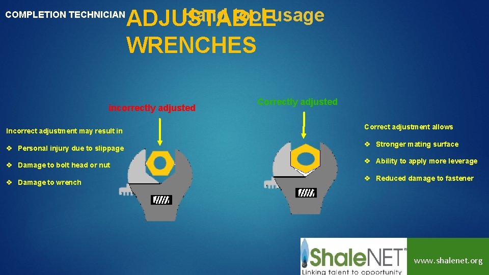 COMPLETION TECHNICIAN Hand tool usage ADJUSTABLE WRENCHES incorrectly adjusted Incorrect adjustment may result in