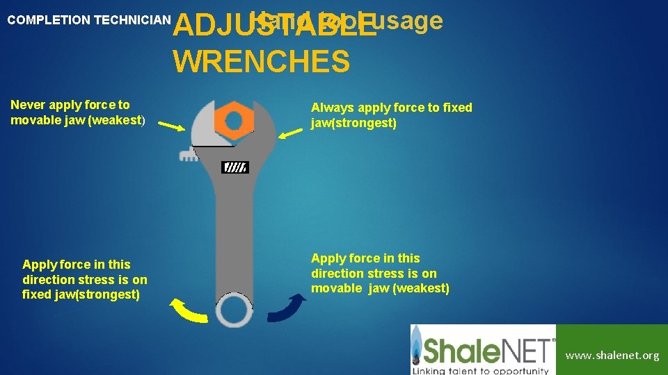 COMPLETION TECHNICIAN Never apply force to movable jaw (weakest) Apply force in this direction