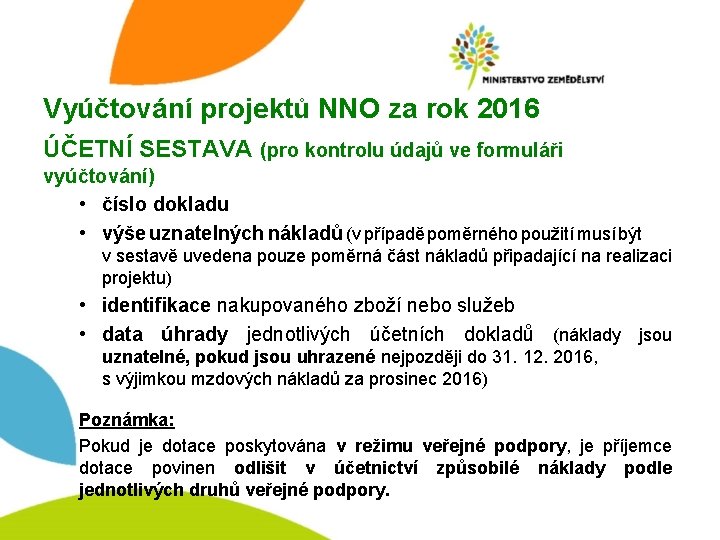 Vyúčtování projektů NNO za rok 2016 ÚČETNÍ SESTAVA (pro kontrolu údajů ve formuláři vyúčtování)