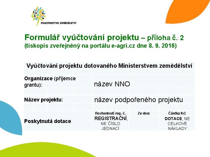 Formulář vyúčtování projektu – příloha č. 2 (tiskopis zveřejněný na portálu e-agri. cz dne