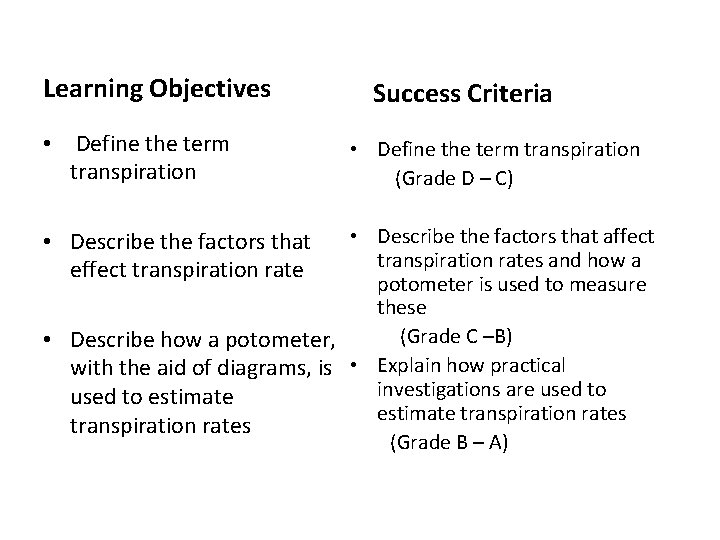 Learning Objectives • Define the term transpiration Success Criteria • Define the term transpiration