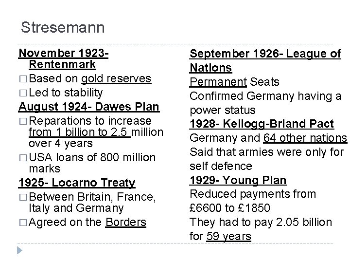 Stresemann November 1923 Rentenmark � Based on gold reserves � Led to stability August