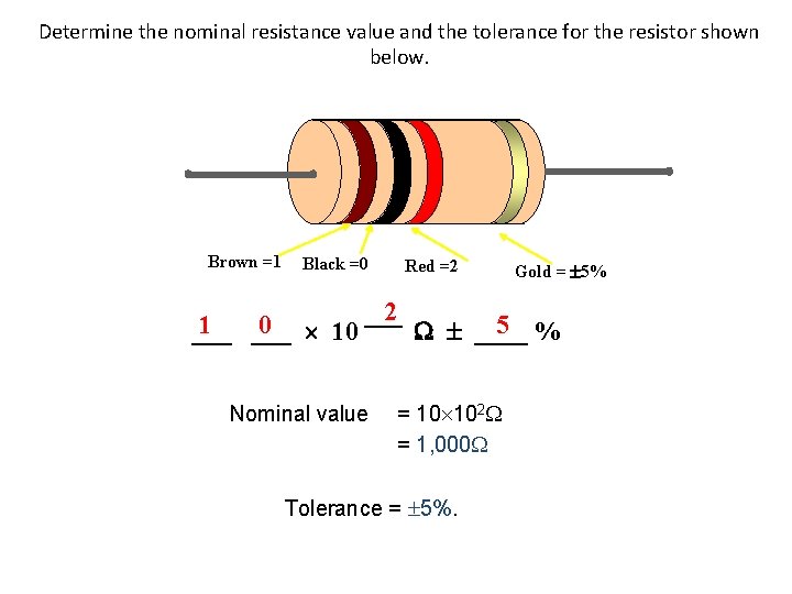 Determine the nominal resistance value and the tolerance for the resistor shown below. Brown