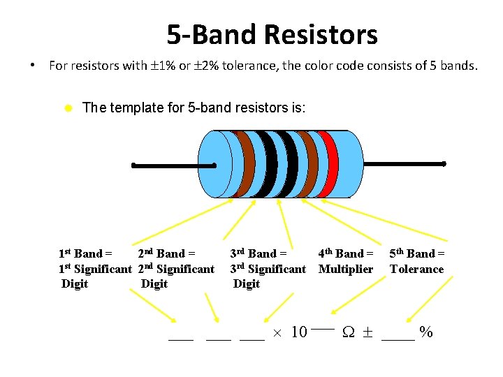 5 -Band Resistors • For resistors with 1% or 2% tolerance, the color code