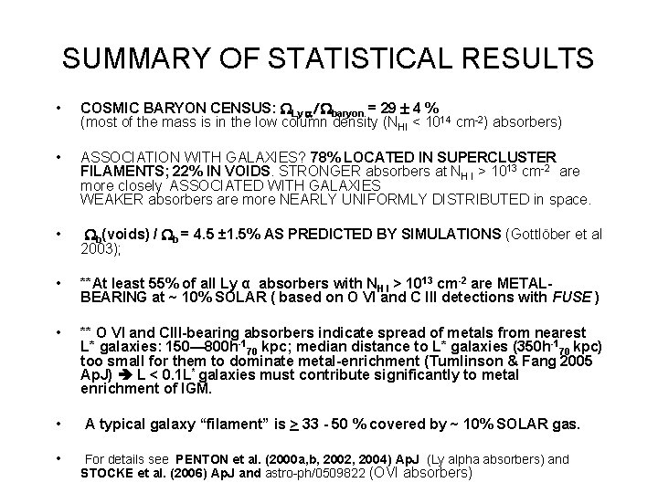SUMMARY OF STATISTICAL RESULTS • COSMIC BARYON CENSUS: WLy a / Wbaryon = 29