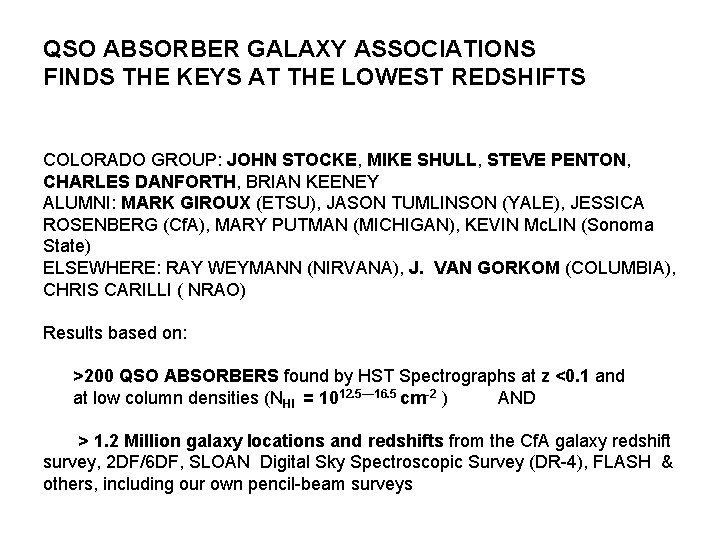 QSO ABSORBER GALAXY ASSOCIATIONS FINDS THE KEYS AT THE LOWEST REDSHIFTS COLORADO GROUP: JOHN