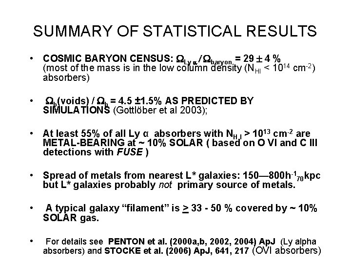 SUMMARY OF STATISTICAL RESULTS • COSMIC BARYON CENSUS: WLy a / Wbaryon = 29