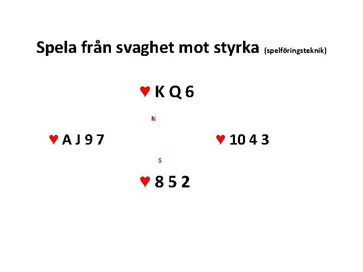 Spela från svaghet mot styrka (spelföringsteknik) ♥KQ 6 N ♥AJ 97 ♥ 10 4