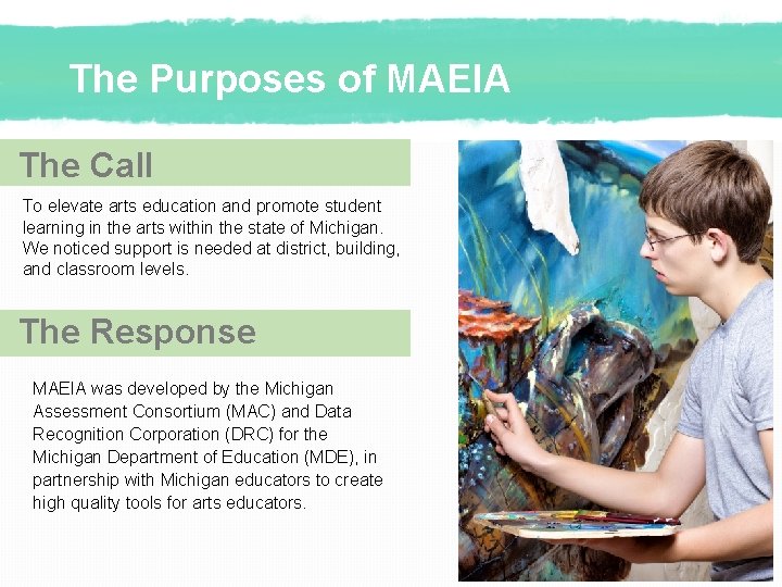 The Purposes of MAEIA The Call To elevate arts education and promote student learning