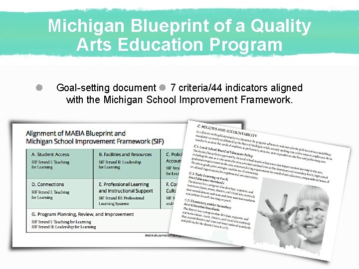 Michigan Blueprint of a Quality Arts Education Program Goal-setting document 7 criteria/44 indicators aligned